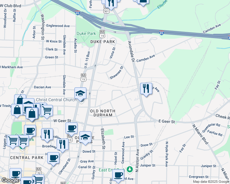 map of restaurants, bars, coffee shops, grocery stores, and more near 1812 Rosetta Drive in Durham