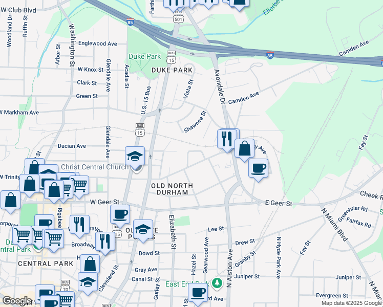 map of restaurants, bars, coffee shops, grocery stores, and more near 215 East Lynch Street in Durham