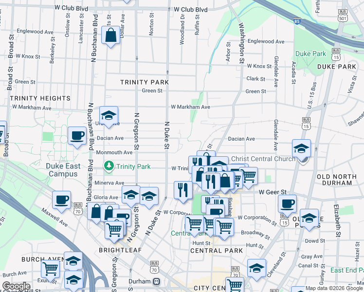 map of restaurants, bars, coffee shops, grocery stores, and more near 815 Dacian Avenue in Durham