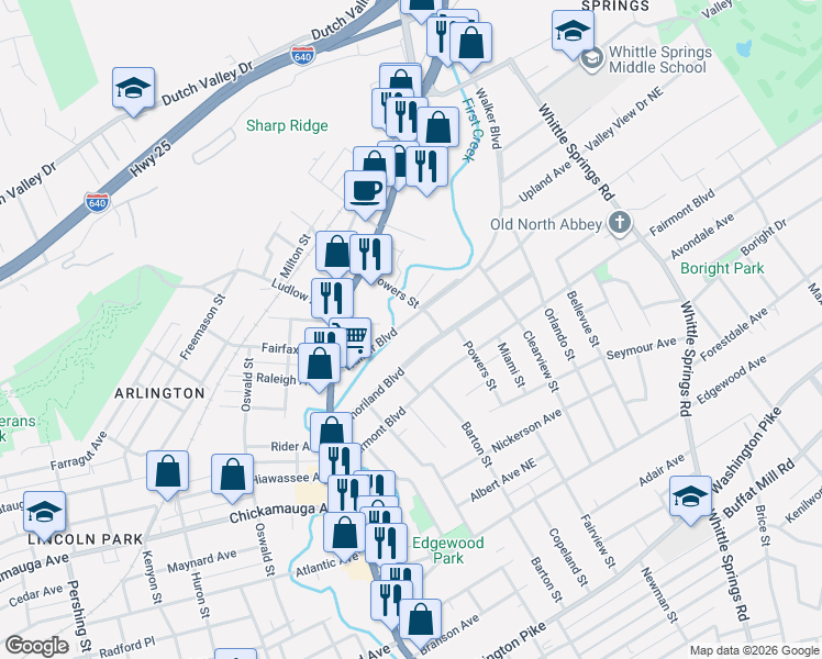 map of restaurants, bars, coffee shops, grocery stores, and more near 4048 Walker Boulevard in Knoxville