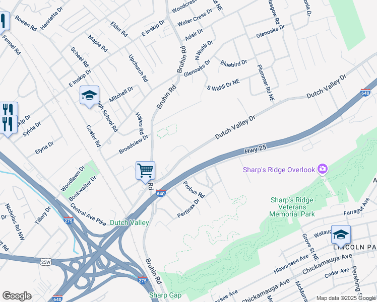map of restaurants, bars, coffee shops, grocery stores, and more near 707 Dutch Valley Drive Northeast in Knoxville