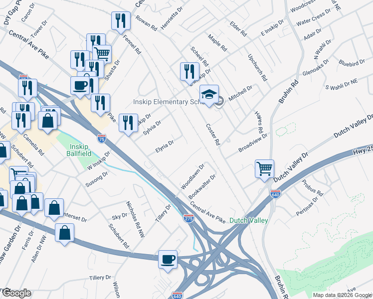 map of restaurants, bars, coffee shops, grocery stores, and more near 4502 Fennel Road in Knoxville