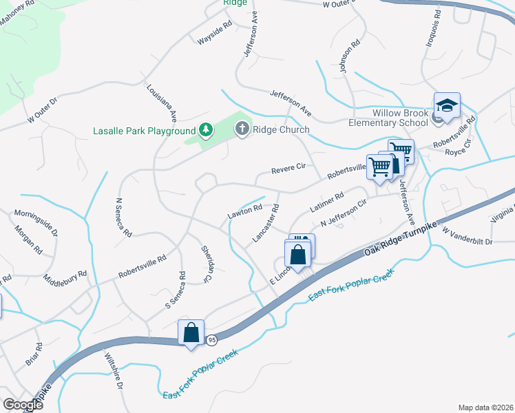 map of restaurants, bars, coffee shops, grocery stores, and more near 110 Lawton Road in Oak Ridge