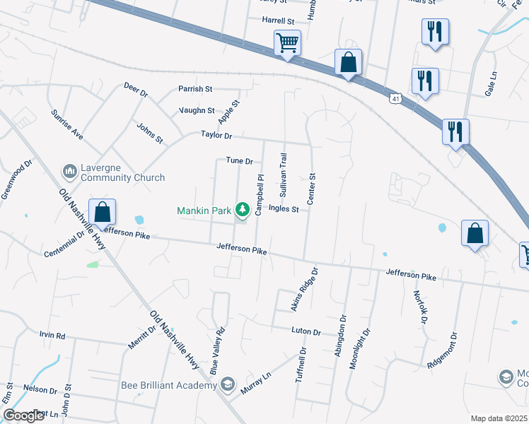 map of restaurants, bars, coffee shops, grocery stores, and more near 134 Campbell Place in La Vergne