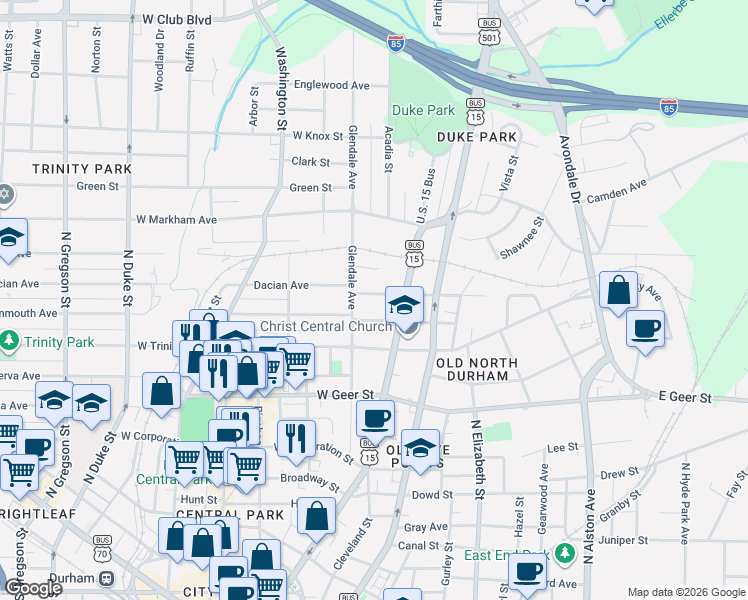map of restaurants, bars, coffee shops, grocery stores, and more near 113 West Lynch Street in Durham