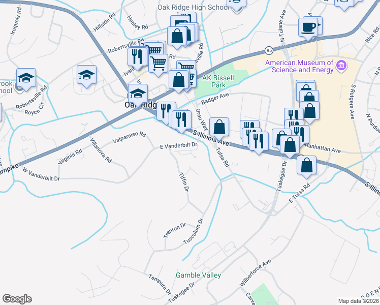 map of restaurants, bars, coffee shops, grocery stores, and more near 76 Valley Forge Drive in Oak Ridge