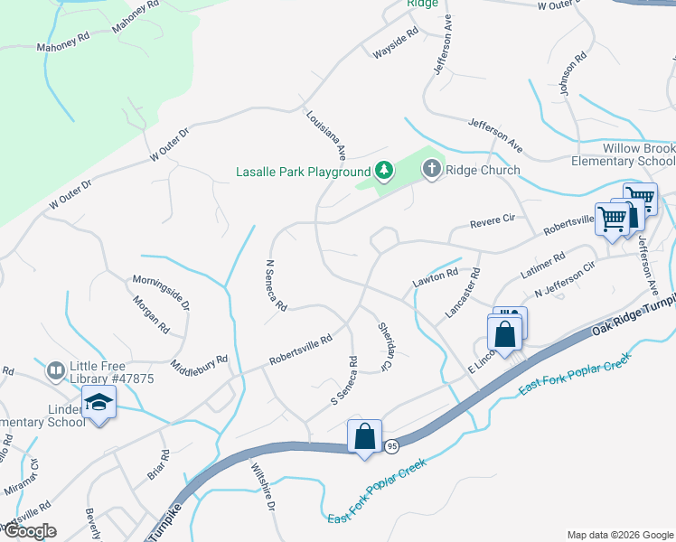 map of restaurants, bars, coffee shops, grocery stores, and more near 226 Louisiana Avenue in Oak Ridge