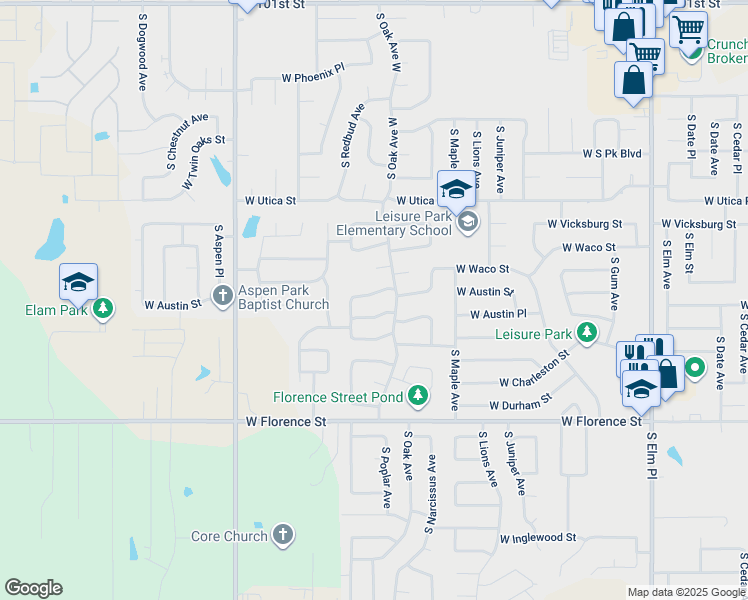 map of restaurants, bars, coffee shops, grocery stores, and more near 1713 West Austin Street in Broken Arrow
