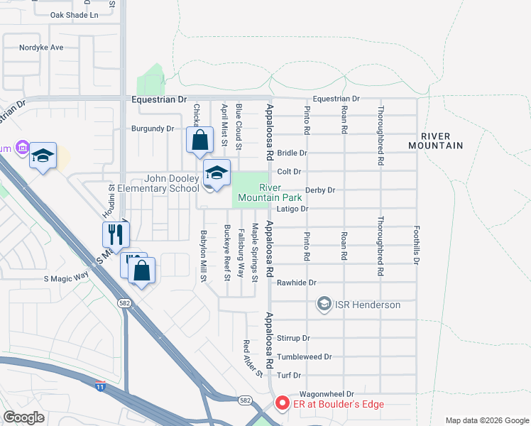 map of restaurants, bars, coffee shops, grocery stores, and more near 2001 Appaloosa Road in Henderson