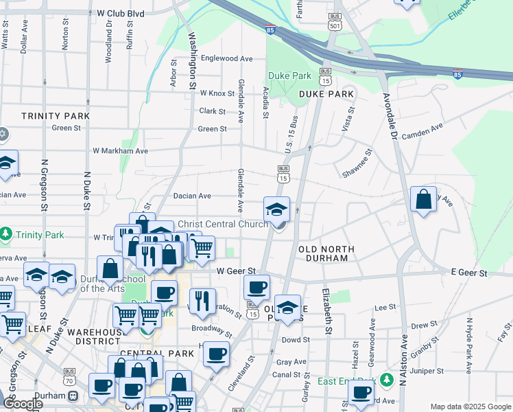 map of restaurants, bars, coffee shops, grocery stores, and more near 113 West Lynch Street in Durham