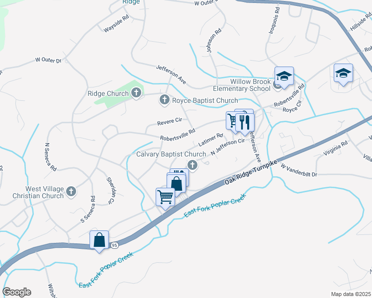 map of restaurants, bars, coffee shops, grocery stores, and more near 166 Latimer Road in Oak Ridge