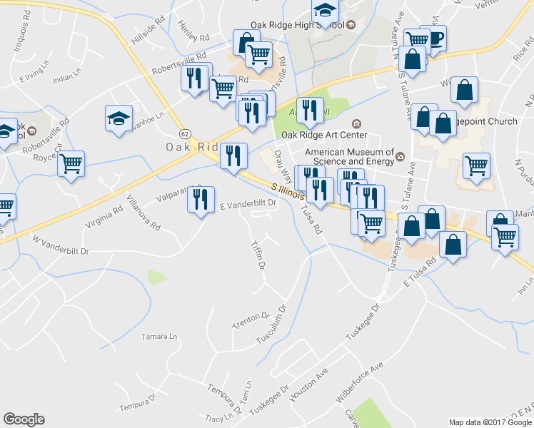 map of restaurants, bars, coffee shops, grocery stores, and more near 56 Valley Forge Drive in Oak Ridge