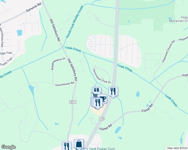 map of restaurants, bars, coffee shops, grocery stores, and more near 1660 Haversham Park Drive in Winston-Salem
