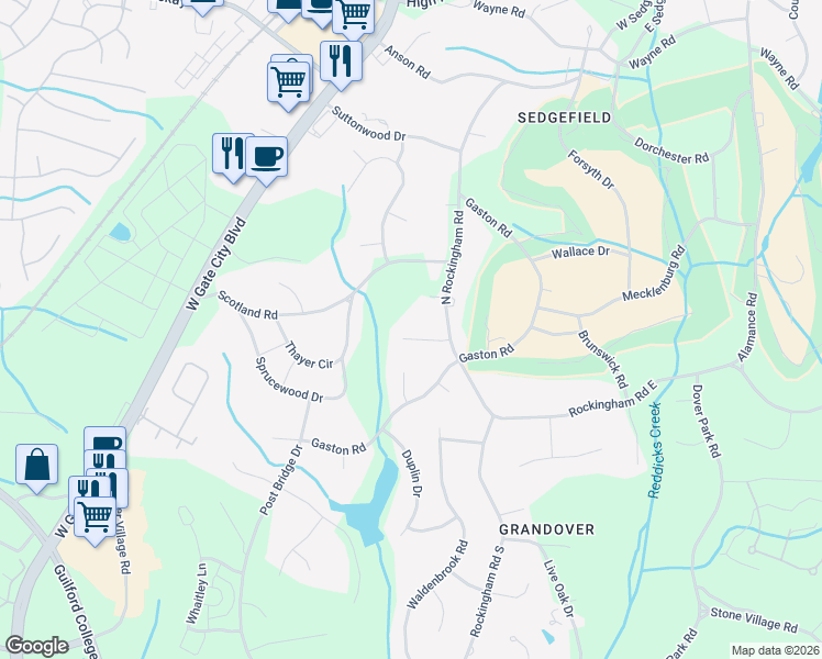map of restaurants, bars, coffee shops, grocery stores, and more near 3404 North Rockingham Road in Greensboro