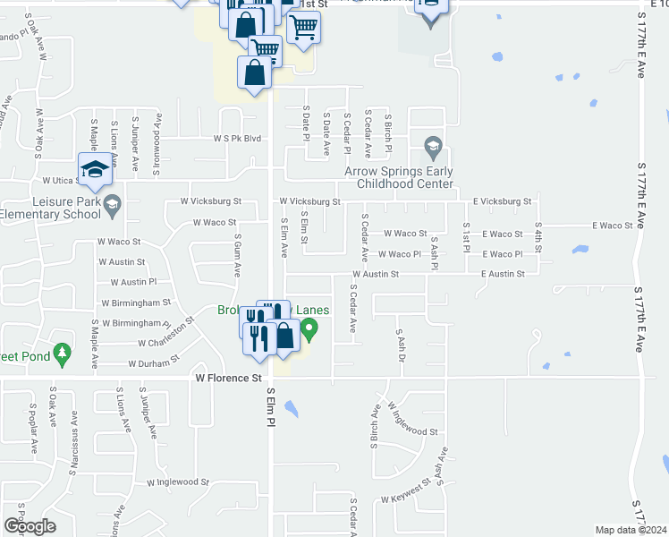 map of restaurants, bars, coffee shops, grocery stores, and more near 316 West Austin Street in Broken Arrow