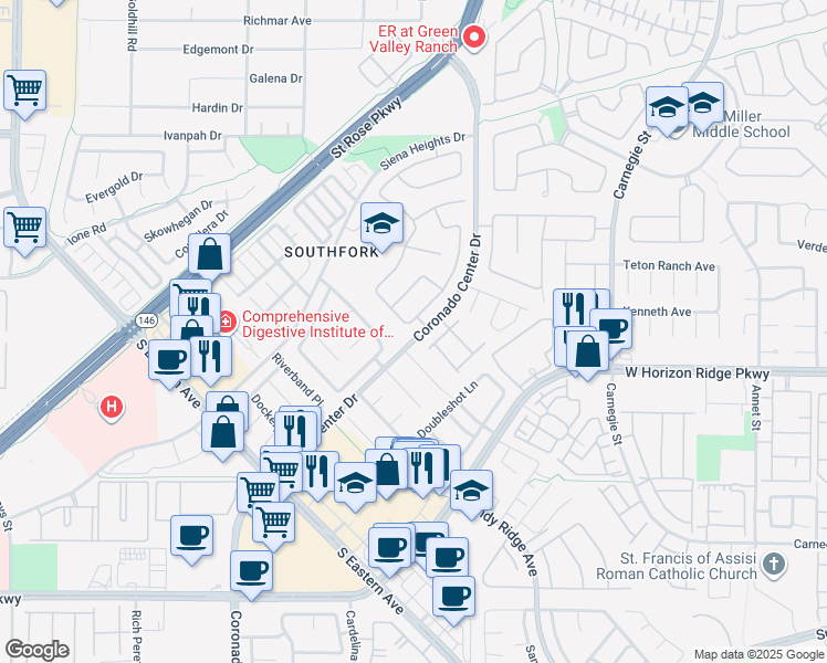 map of restaurants, bars, coffee shops, grocery stores, and more near 695 Brandy Hill Place in Henderson