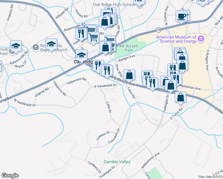 map of restaurants, bars, coffee shops, grocery stores, and more near 56 Valley Forge Drive in Oak Ridge