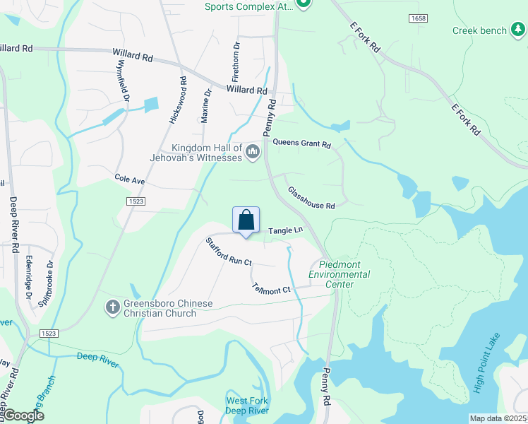 map of restaurants, bars, coffee shops, grocery stores, and more near 1309 Penny Road in High Point