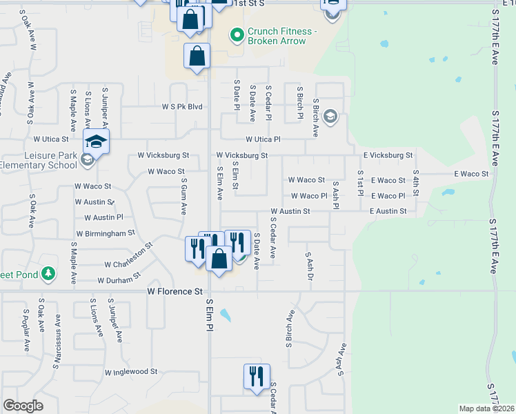 map of restaurants, bars, coffee shops, grocery stores, and more near 325 West Waco Place in Broken Arrow