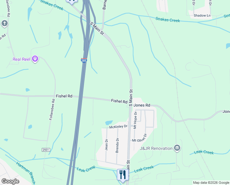 map of restaurants, bars, coffee shops, grocery stores, and more near 5052 South Main Street in Winston-Salem