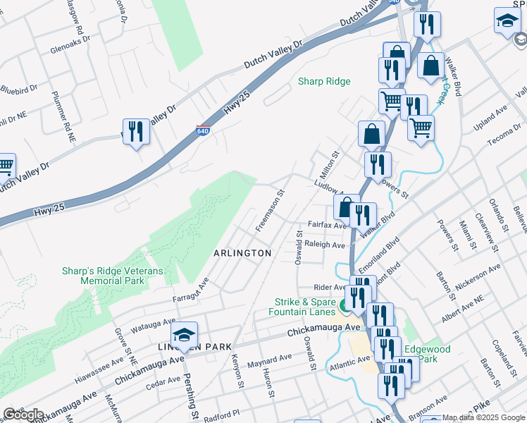 map of restaurants, bars, coffee shops, grocery stores, and more near 1033 Freemason Street in Knoxville