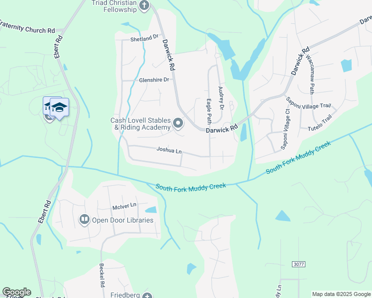 map of restaurants, bars, coffee shops, grocery stores, and more near 2347 Joshua Lane in Winston-Salem