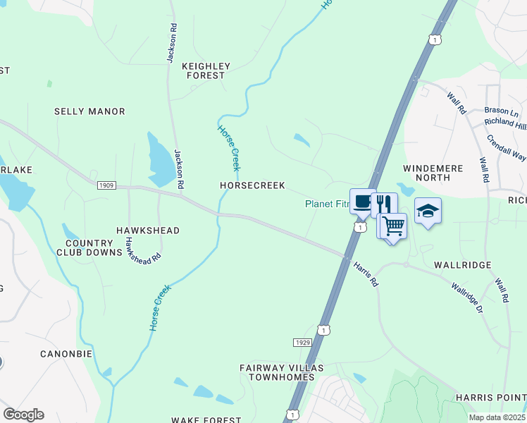 map of restaurants, bars, coffee shops, grocery stores, and more near 2120 Purnell Road in Wake Forest