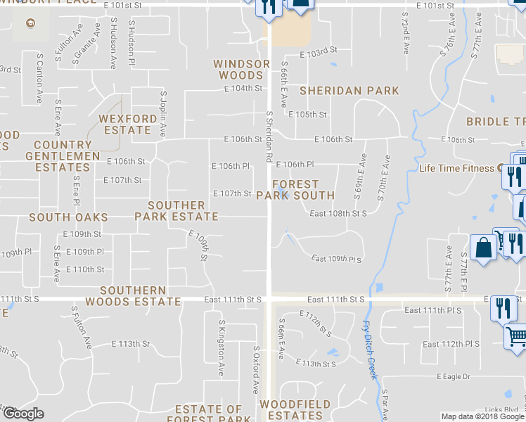 map of restaurants, bars, coffee shops, grocery stores, and more near 6421 East 108th Street South in Tulsa