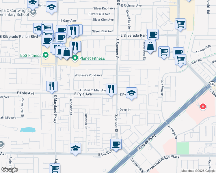 map of restaurants, bars, coffee shops, grocery stores, and more near 1699 Adobe Frost Court in Las Vegas