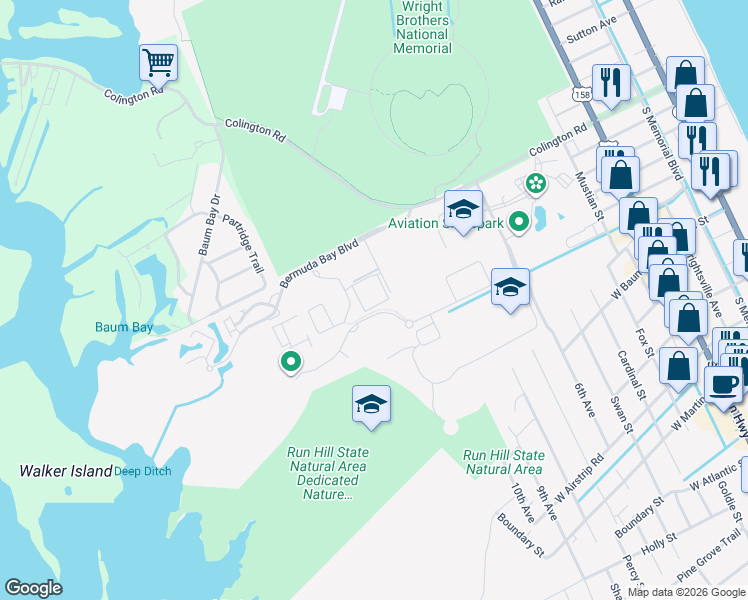 map of restaurants, bars, coffee shops, grocery stores, and more near 1105 Cambridge Road in Kill Devil Hills