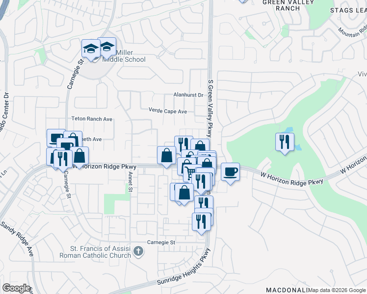 map of restaurants, bars, coffee shops, grocery stores, and more near 250 South Green Valley Parkway in Henderson