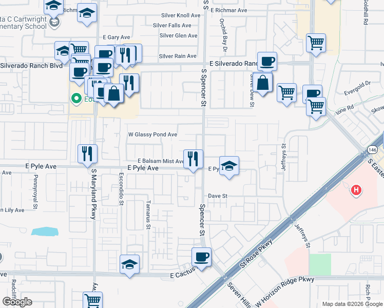 map of restaurants, bars, coffee shops, grocery stores, and more near 1678 Adobe Frost Court in Las Vegas