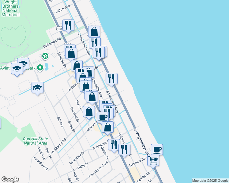 map of restaurants, bars, coffee shops, grocery stores, and more near 1006 South Virginia Dare Trail in Kill Devil Hills