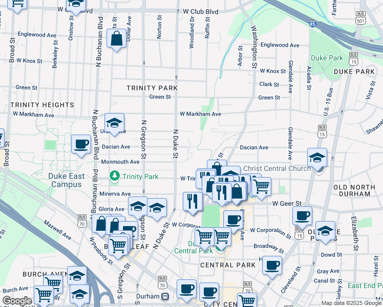 map of restaurants, bars, coffee shops, grocery stores, and more near 815 Dacian Avenue in Durham