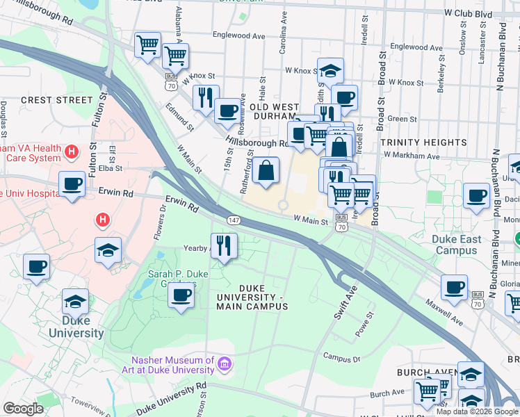 map of restaurants, bars, coffee shops, grocery stores, and more near 2200 West Main Street in Durham