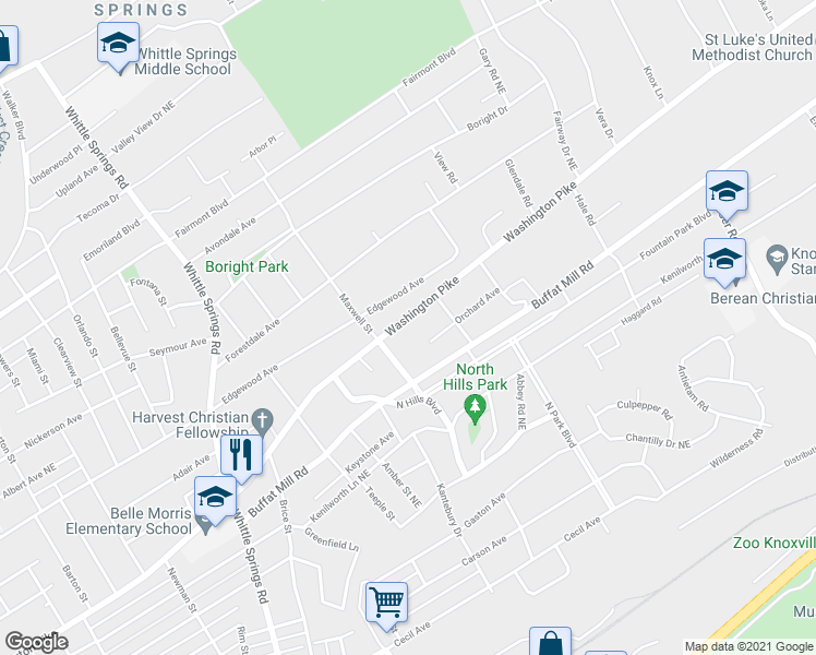 map of restaurants, bars, coffee shops, grocery stores, and more near 3079 Washington Pike in Knoxville