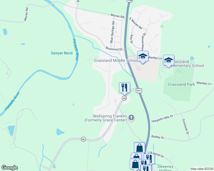 map of restaurants, bars, coffee shops, grocery stores, and more near 1121 Blue Springs Road in Franklin