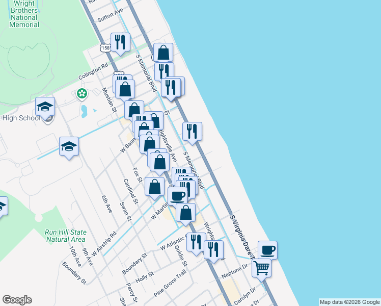 map of restaurants, bars, coffee shops, grocery stores, and more near 1006 South Virginia Dare Trail in Kill Devil Hills