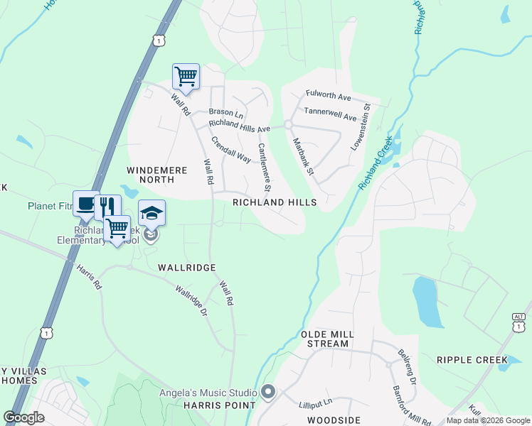 map of restaurants, bars, coffee shops, grocery stores, and more near 1101 Chamberwell Avenue in Wake Forest