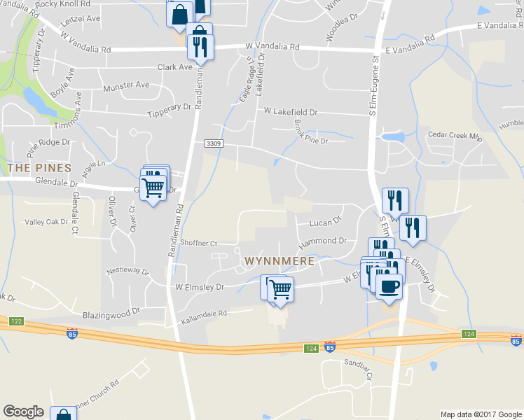 map of restaurants, bars, coffee shops, grocery stores, and more near 214 Shoffner Court in Greensboro