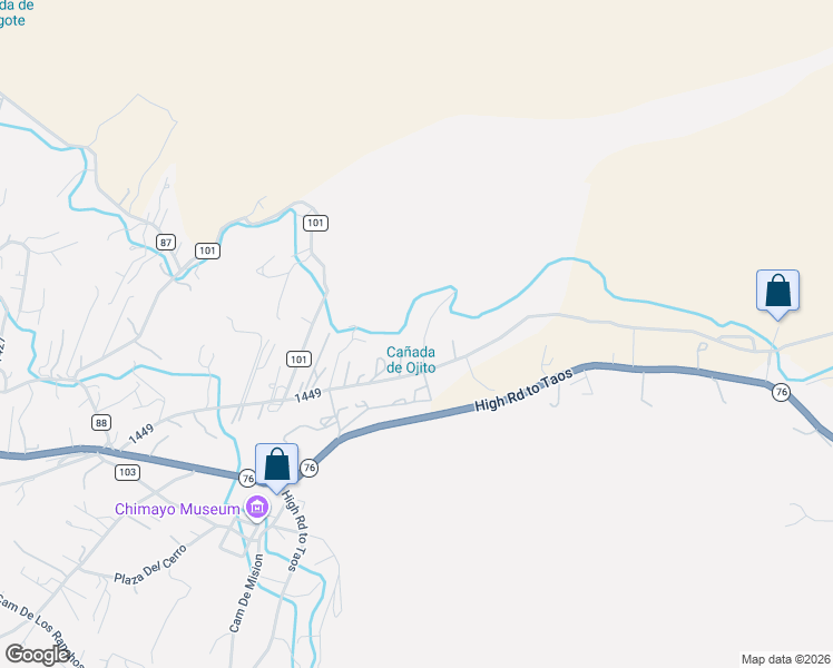 map of restaurants, bars, coffee shops, grocery stores, and more near 144 County Road 100 in Chimayo