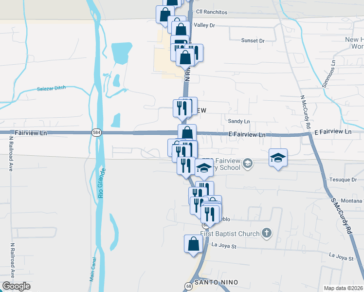 map of restaurants, bars, coffee shops, grocery stores, and more near 733 North Riverside Drive in Española