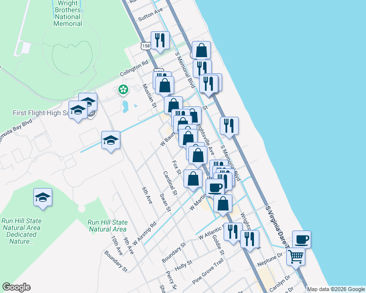 map of restaurants, bars, coffee shops, grocery stores, and more near 804 Blue Jay Street in Kill Devil Hills