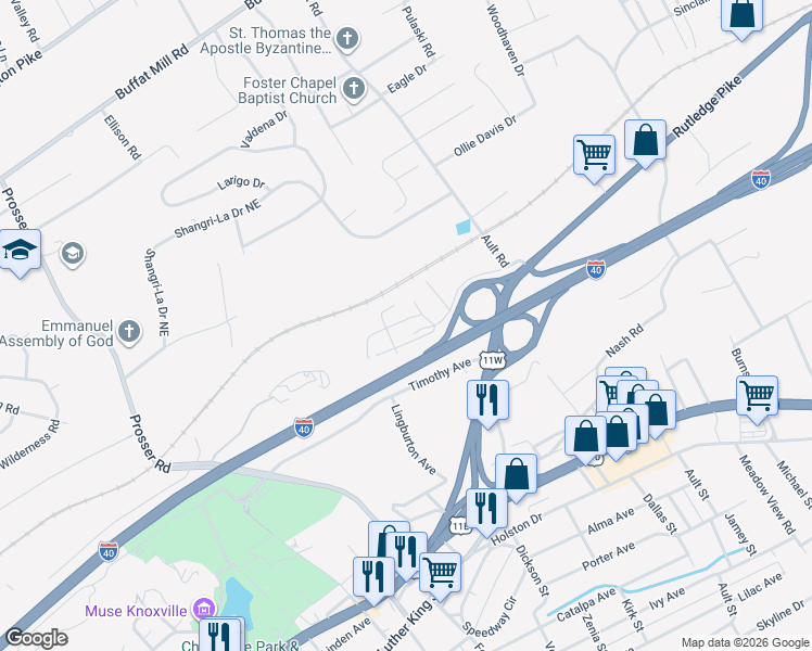 map of restaurants, bars, coffee shops, grocery stores, and more near 3929 Cluster Street in Knoxville
