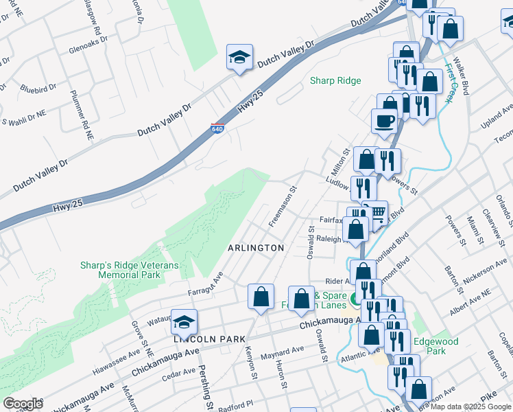 map of restaurants, bars, coffee shops, grocery stores, and more near 1023 Farragut Avenue in Knoxville