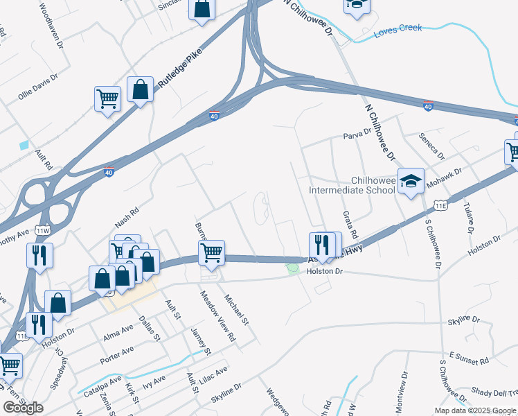map of restaurants, bars, coffee shops, grocery stores, and more near 4611 Asheville Highway in Knoxville