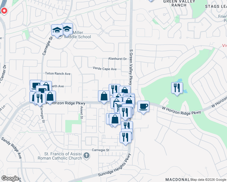 map of restaurants, bars, coffee shops, grocery stores, and more near 595 South Green Valley Parkway in Henderson