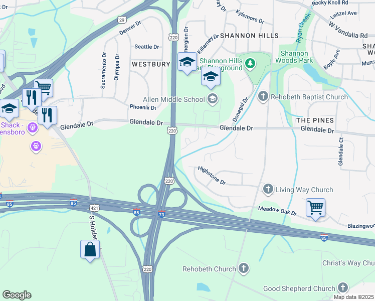 map of restaurants, bars, coffee shops, grocery stores, and more near 1161 Glendale Drive in Greensboro