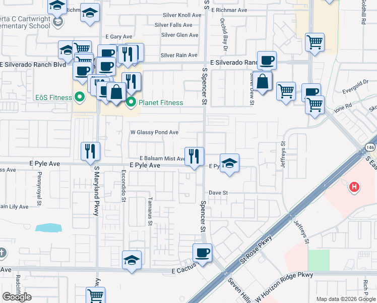 map of restaurants, bars, coffee shops, grocery stores, and more near 1699 Adobe Frost Court in Las Vegas