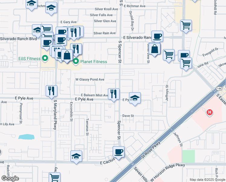 map of restaurants, bars, coffee shops, grocery stores, and more near 1678 Adobe Frost Court in Las Vegas